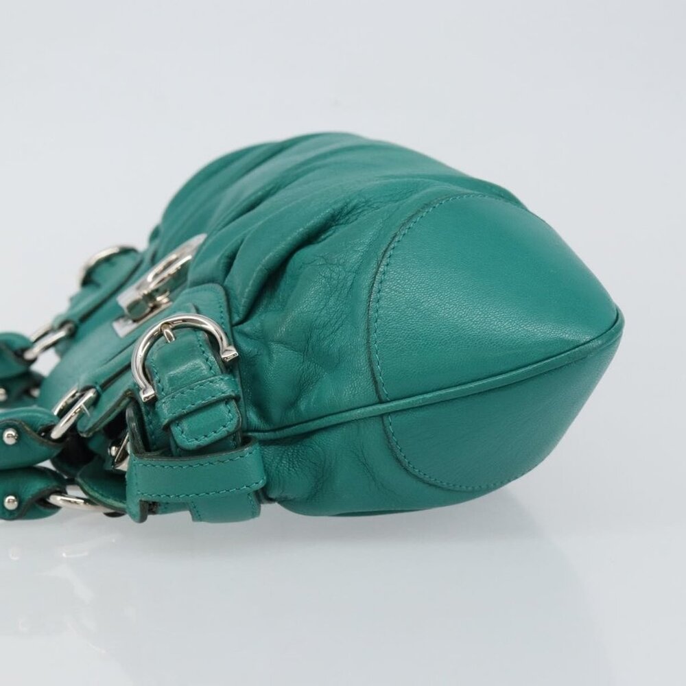 Authentic Salvatore Ferragamo Gancini Shoulder Bag Leather Green Silver - Picture 11 of 16